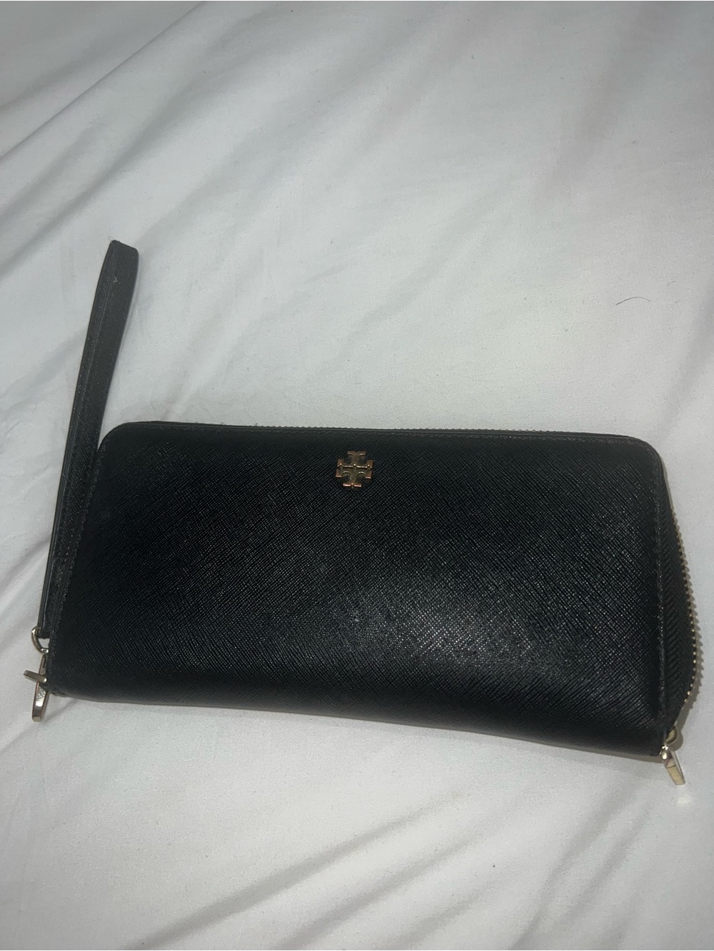 Tory Burch Black Saffiano Zip Wristlet Wallet with Gold Logo